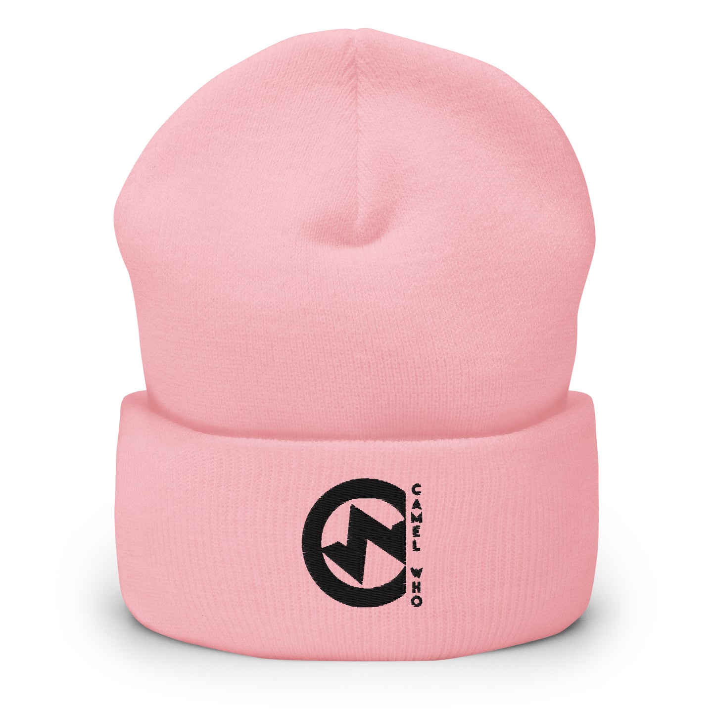 Soft baby pink organic beanie with premium durable fabric and black bold logo patch.