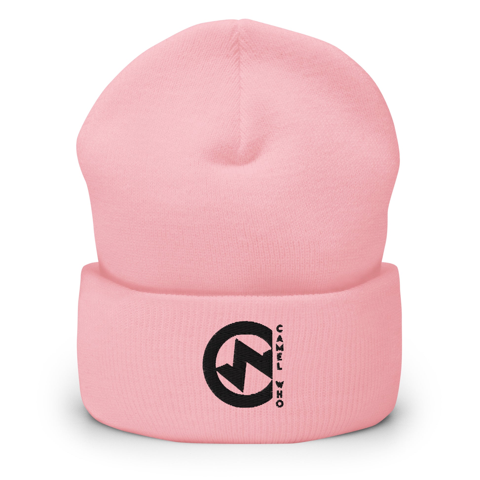 Soft baby pink organic beanie with premium durable fabric and black bold logo patch.