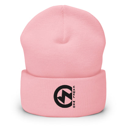 Soft baby pink organic beanie with premium durable fabric and black bold logo patch.