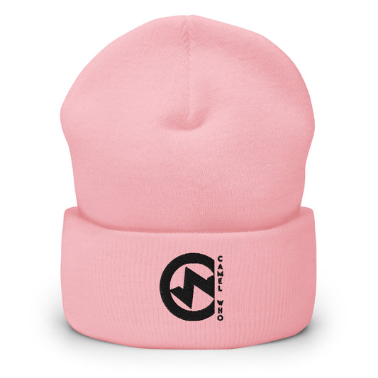 Soft baby pink organic beanie with premium durable fabric and black bold logo patch.