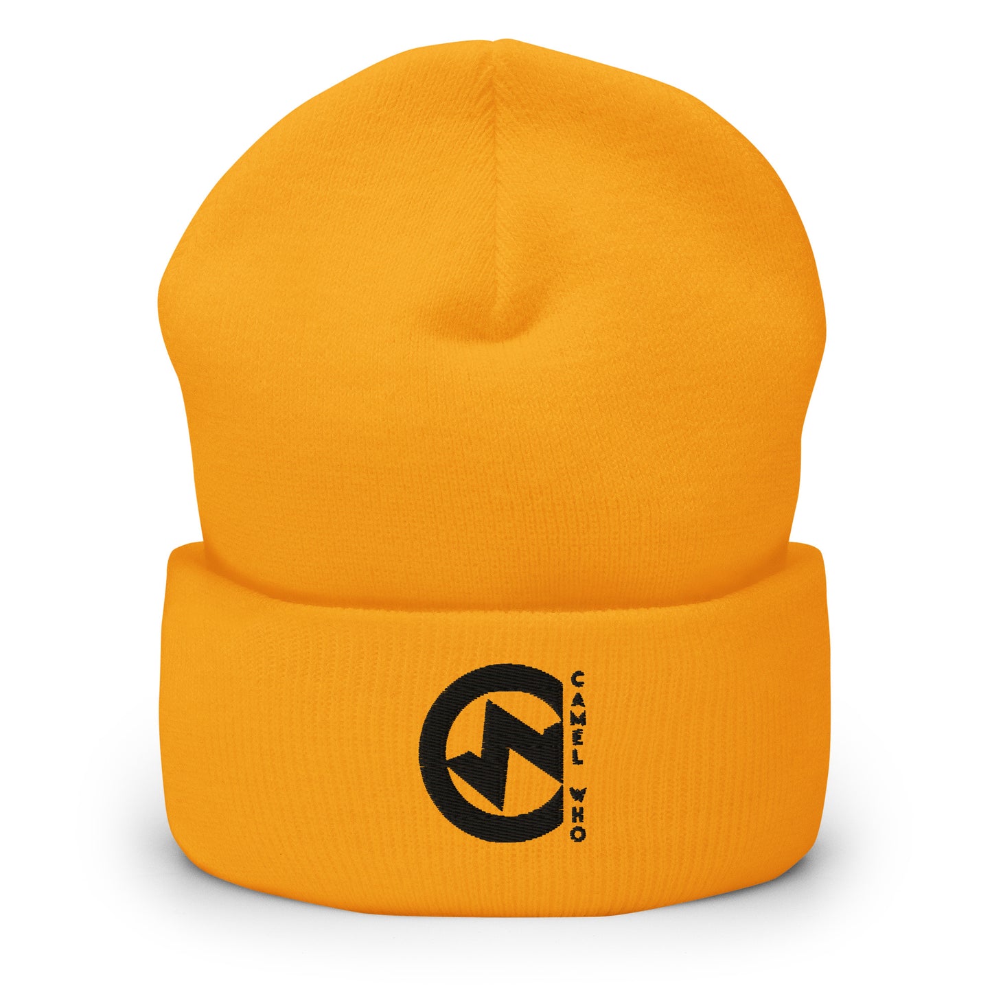 Soft premium organic cotton beanie in gold with durable black logo and sustainable design.