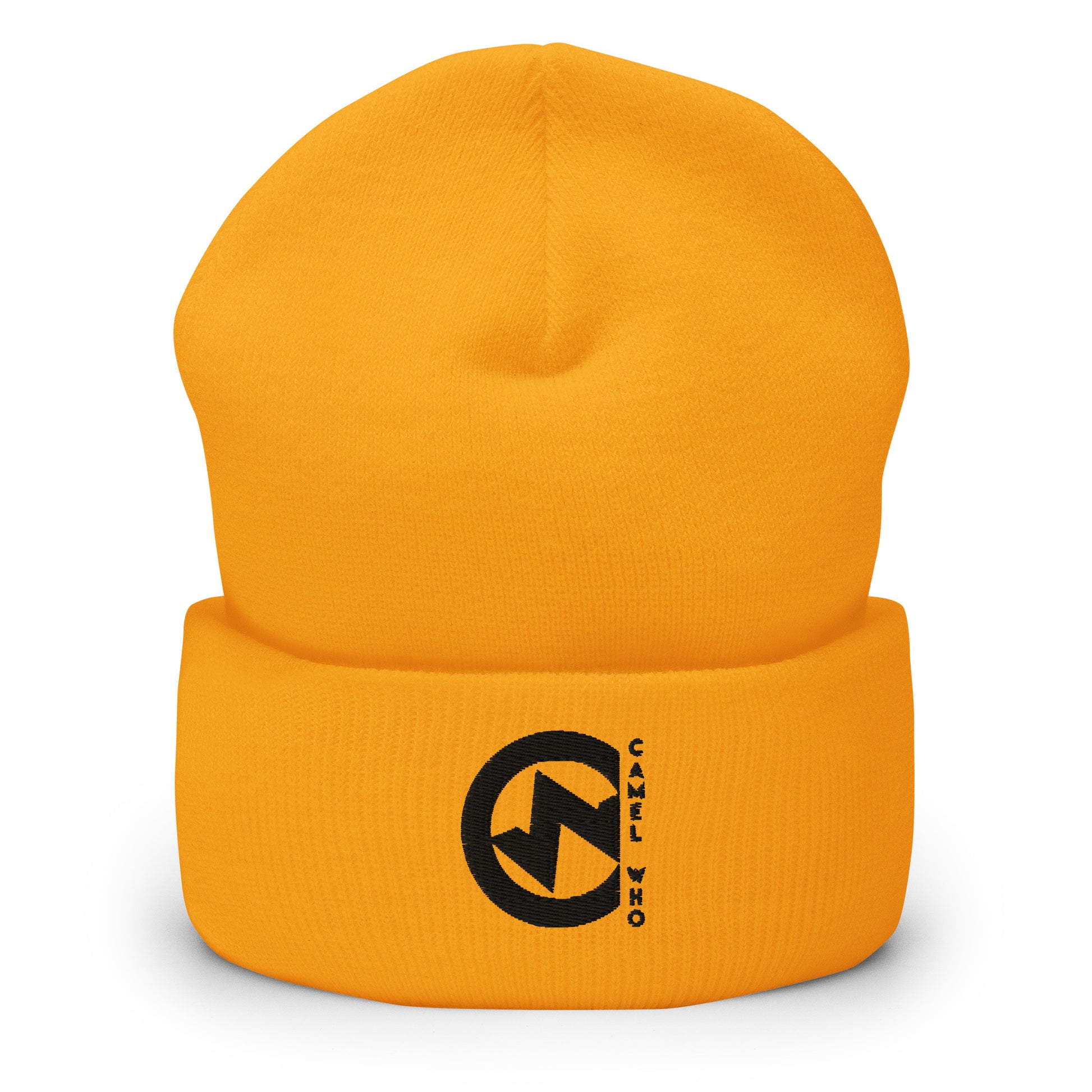 Soft premium organic cotton beanie in gold with durable black logo and sustainable design.