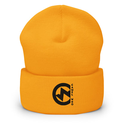 Soft premium organic cotton beanie in gold with durable black logo and sustainable design.