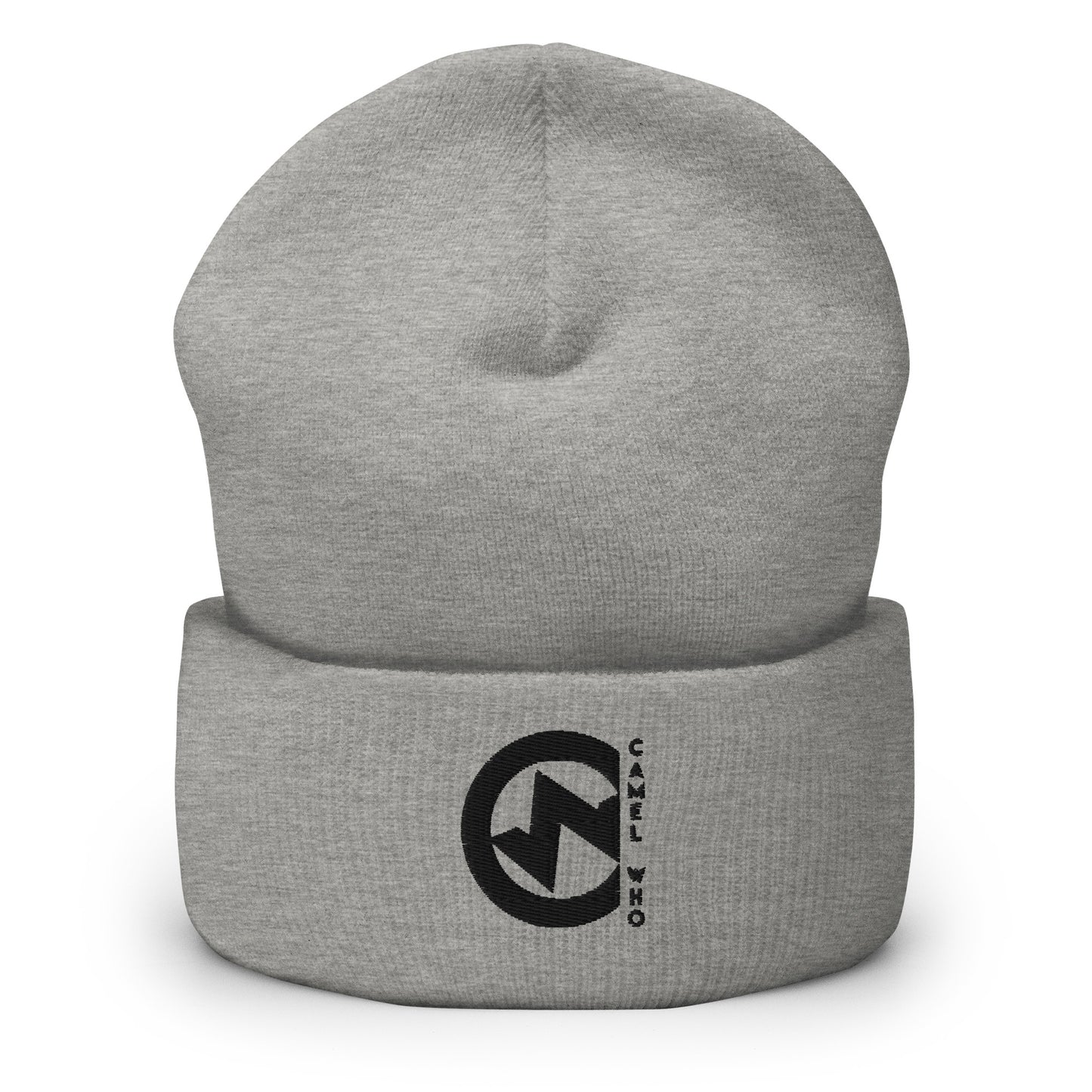 Heather grey organic cotton beanie with black sustainable logo, soft and durable knit.