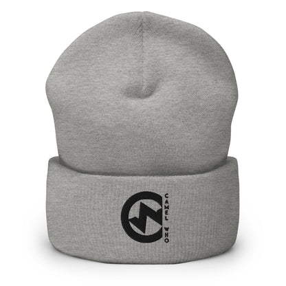 Heather grey organic cotton beanie with black sustainable logo, soft and durable knit.