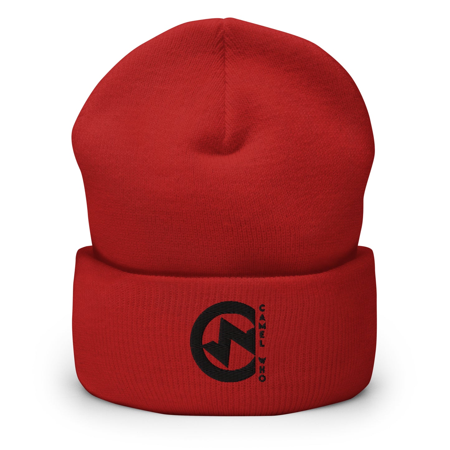 Soft, durable red organic beanie with premium black circular logo and "Camel Who" text.
