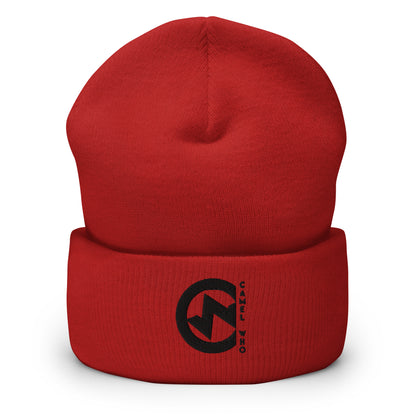 Soft, durable red organic beanie with premium black circular logo and "Camel Who" text.