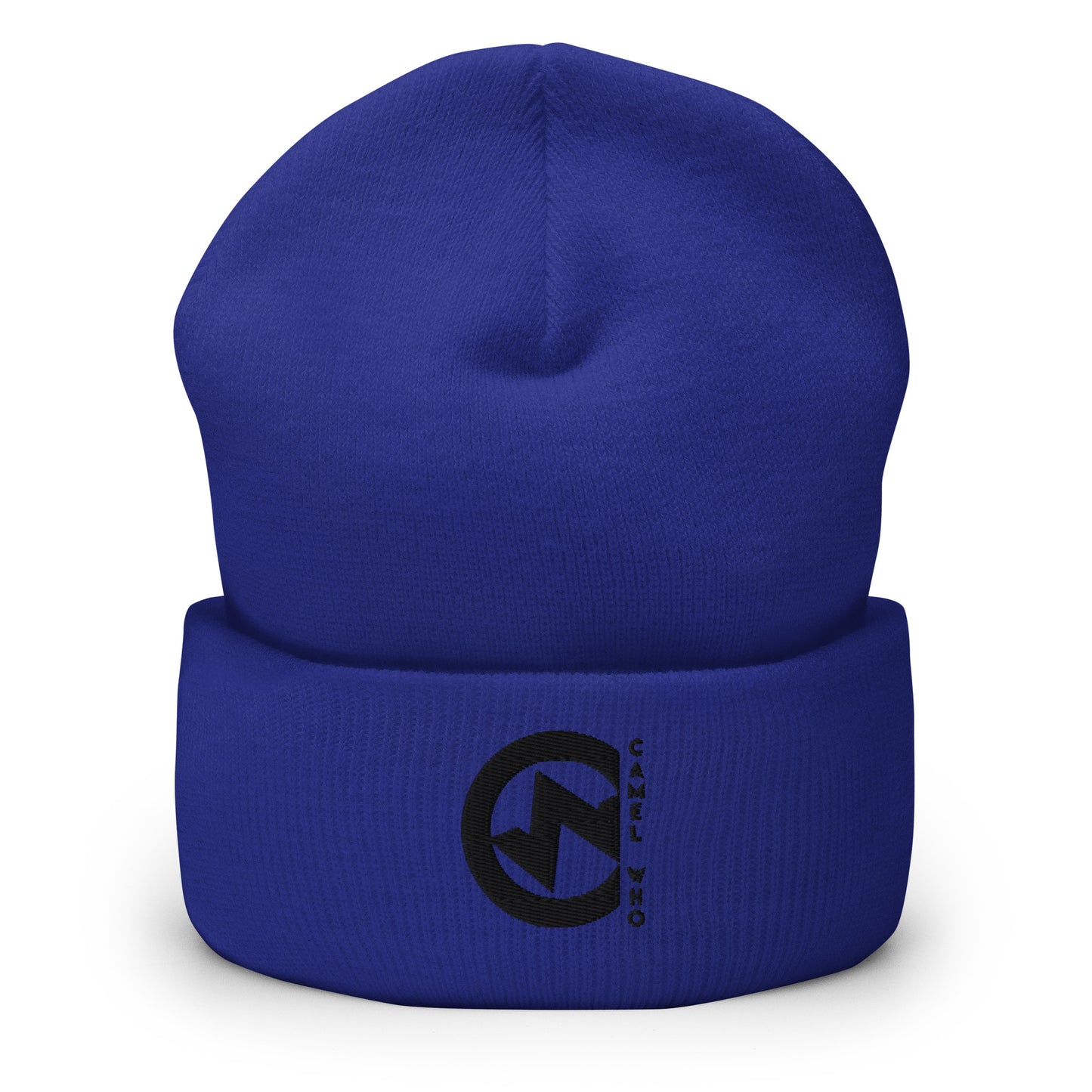 Organic premium soft blue beanie with durable black logo embroidery and fold-over cuff.
