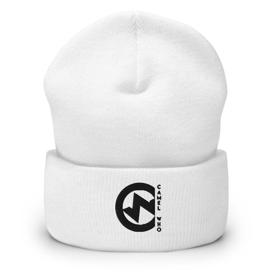 Soft organic white beanie with durable black circular logo patch and fold-over cuff.